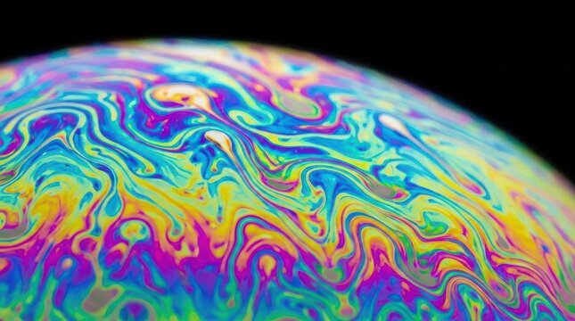 Colorful soap bubble surface with iridescent oily swirls.