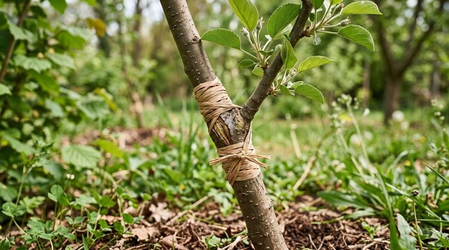 Grafted young fruit tree with raffia binding in an orchard