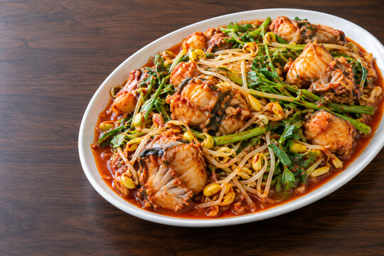 Korean agujjim spicy braised monkfish with bean sprouts