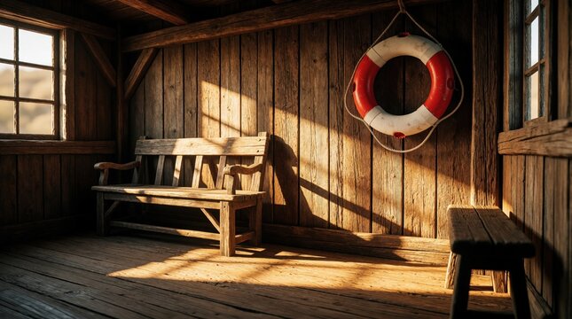 Empty rustic wooden room with sunlight streaming through window. Old wooden bench, small stool sit on plank floor. Red, white lifebuoy hangs on wall. Nautical interior with warm shadows creates calm