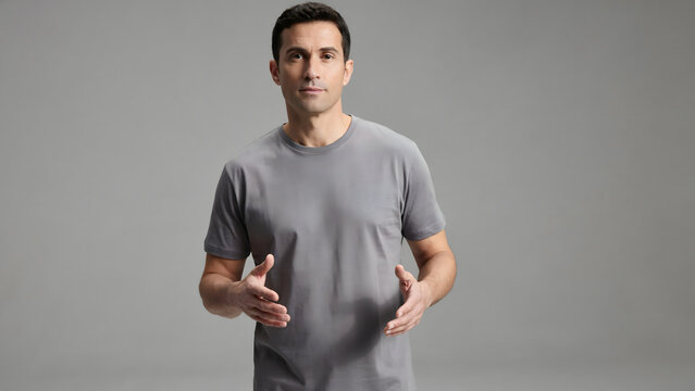 A man wearing a plain gray t-shirt standing against a neutral gray background, gesturing with his hands while looking directly at the camera lens