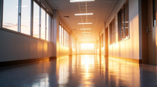 Empty long hallway with bright sunset light coming through large windows. Modern building corridor features shiny floor, warm golden glow. Interior architecture shows perspective view of passage with
