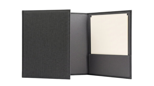 Professional black linen presentation folder, corporate document holder with blank paper insert, elegant dark gray stationery mockup