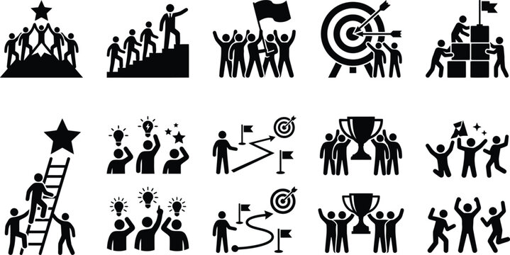 Business Success Icons Set Featuring Teamwork, Goal Achievement, Leadership, and Growth Strategies in Flat Vector Style