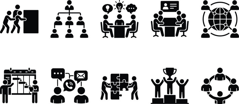 Business management icons set featuring team collaboration, organizational structure, project planning, and professional success symbols