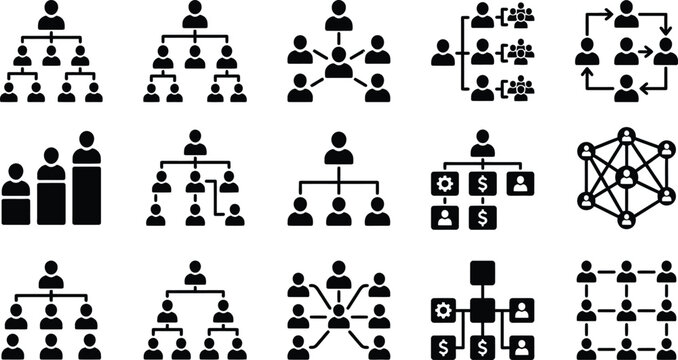 Organizational Chart Icons Set, Corporate Hierarchy and Management Structure Symbols, Flat Vector Graphics on White Background