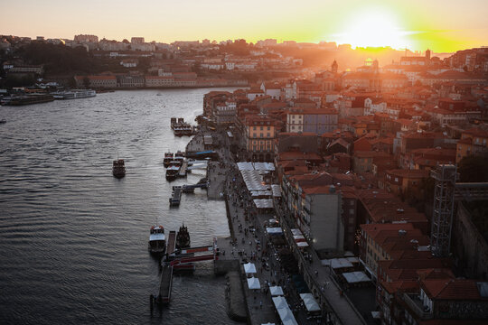 Sunset over Porto waterfront along the Douro River
