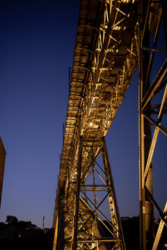 Dom Luis I Bridge structure at dusk in porto, portugal