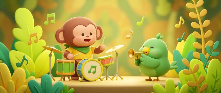 cartoon monkey playing drums and bird blowing trumpet music performance