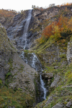 Polikarya waterfall in autumn, Krasnaya Polyana, Sochi, Russia