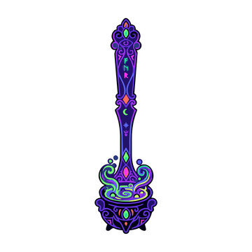 Neon glowing magical staff vector illustration with mystical symbols and potion