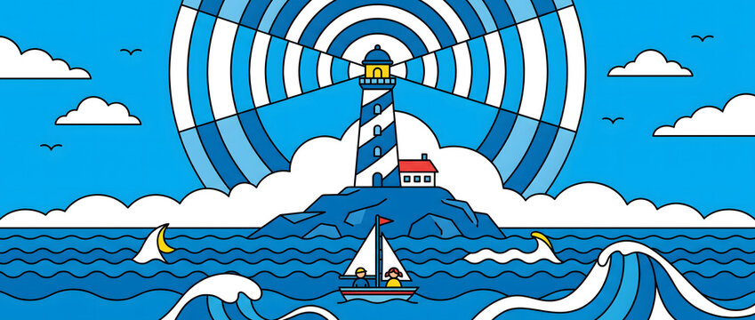 Lighthouse beam guiding sailboat on the sea