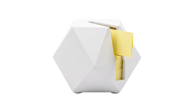 Geometric white sticky note dispenser, modern polyhedral desk organizer with yellow paper, minimalist office stationery for workspace organization