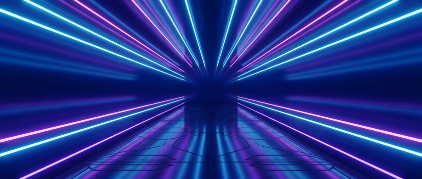 Futuristic neon light tunnel with blue and purple rays