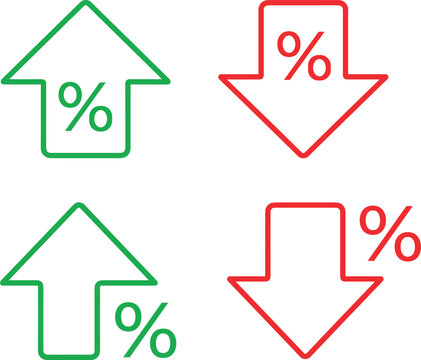 Percentage increase and decrease arrow icon set with green growth up arrow and red decline down arrow interest rate finance symbols vector