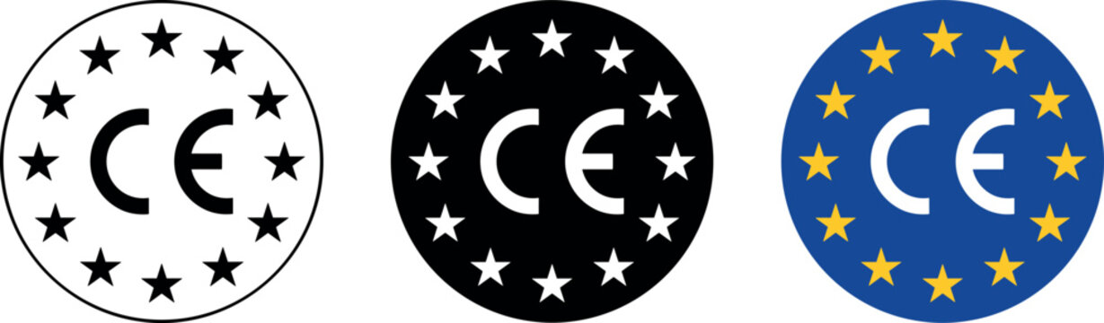 CE mark certification symbol icon set with European Union stars circle in outline silhouette and EU flag colors for product compliance and quality standard vector
