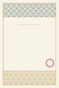 Japanese new year card frame with seigaiha and asanoha pattern bands and seal