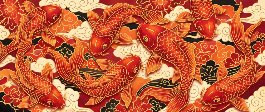 red and gold koi fish traditional auspicious pattern with clouds