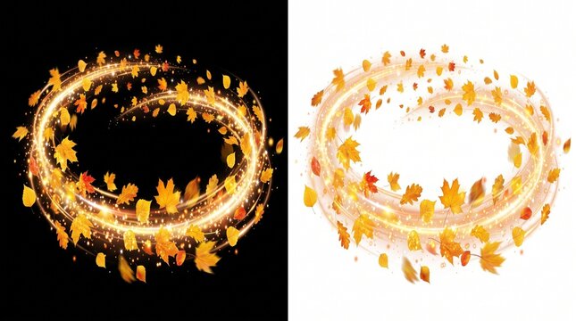 Golden autumn leaves swirl in a shimmering light trail, isolated PNG overlay effect. Dynamic orange leaves with a twinkling wind motion on black and white backgrounds. Circular light trail of the wind
