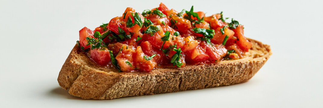 Bruschetta mit Tomatenw&uuml;rfeln und Basilikum auf wei&szlig;em Teller