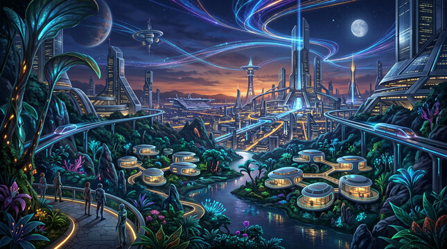 Futuristic Smart City Colony on Alien Planet at Night with Monorails and Bioluminescent Nature