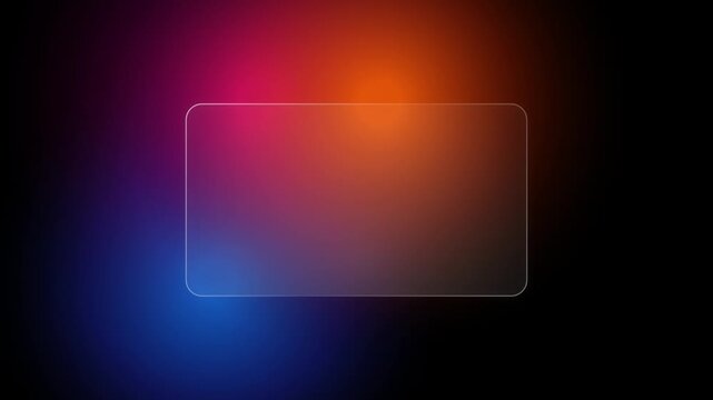 Frosted glass rectangle card overlay with soft vibrant glowing orange and purple light bokeh background