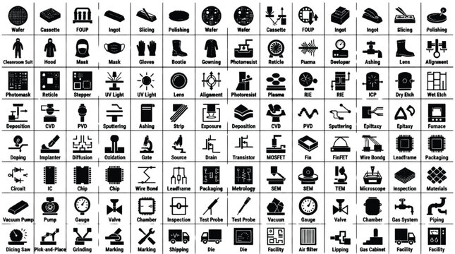 Semiconductor manufacturing icons collection illustrates industrial processes cleanroom tools wafer fabrication microchips and microelectronics components displayed in clear monochrome vector.
