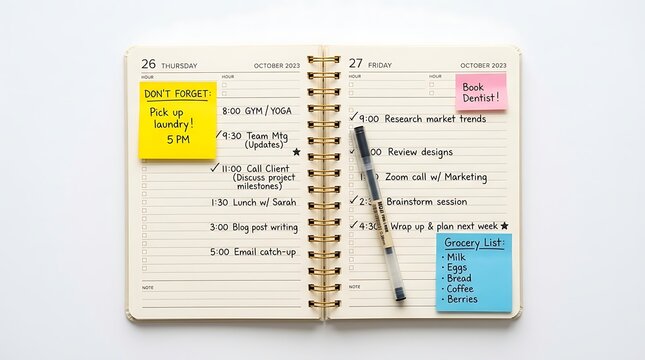 Open daily planner notebook with handwritten schedule notes and colorful sticky notes on a flat surface