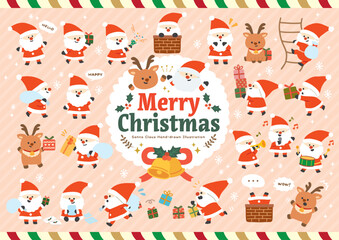 Fototapeta premium かわいいサンタクロースとトナカイのクリスマスイラストセット