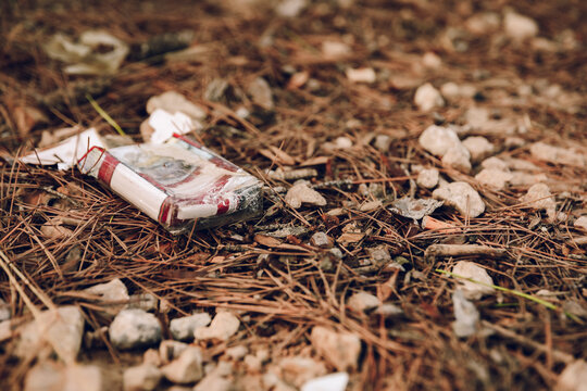 Discarded cigarette pack polluting forest floor