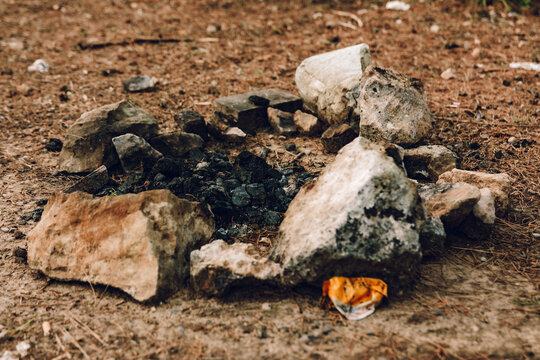 Littered campfire ring in forest picnic area