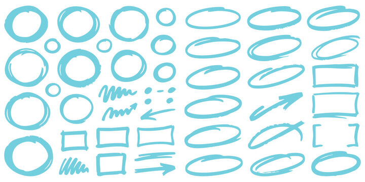 Set of hand drawn cyan marker circles ovals rectangles and arrows for highlighting text and design elements