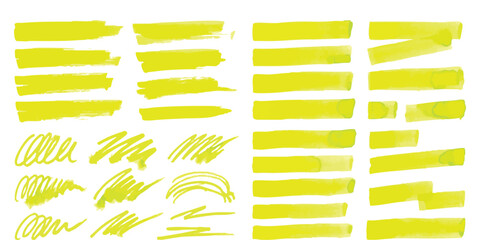 Fototapeta premium Bright yellow highlighter pen strokes and marker scribbles collection for school and office design projects
