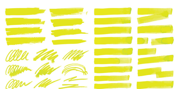 Bright yellow highlighter pen strokes and marker scribbles collection for school and office design projects