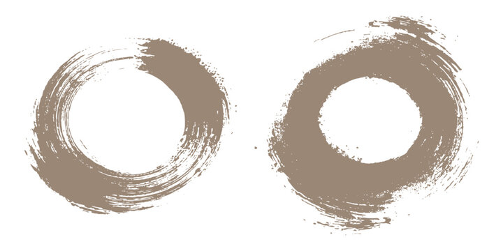 Abstract brown grunge paint brush circles featuring hand drawn zen enso rings and artistic vector illustration.