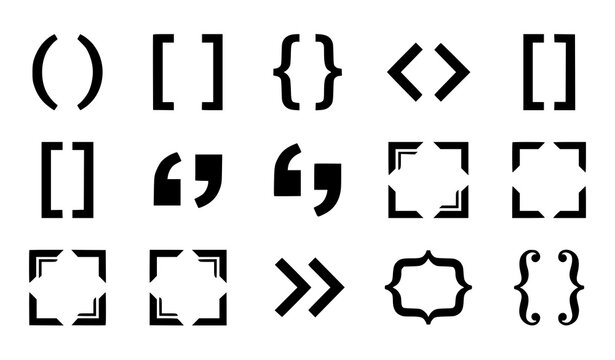 Bracket and punctuation silhouette icon set featuring parentheses, square brackets, curly braces, angle brackets, quotation marks, and decorative symbols