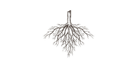 Fototapeta premium Vintage hand drawn botanical sketch of underground tree roots with detailed organic natural texture vector illustration.