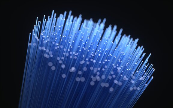 Blue fiber optic strands with glowing light trails