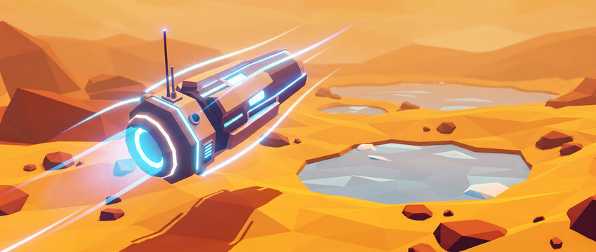low poly sci fi spaceship on mars desert