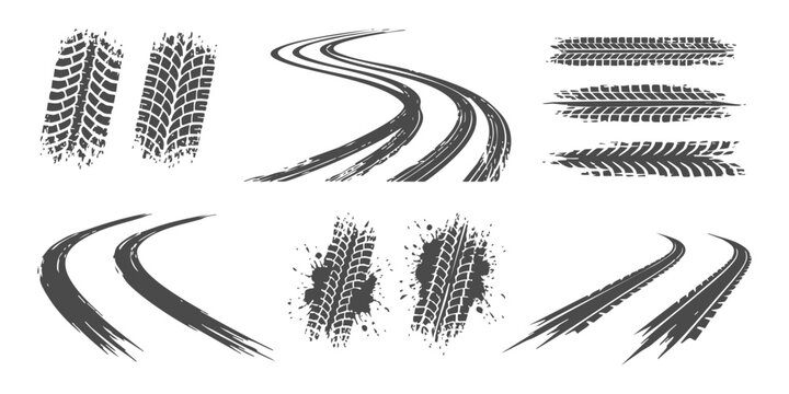 Set of black car tire tracks and skid marks showing different road patterns for racing and vehicle design