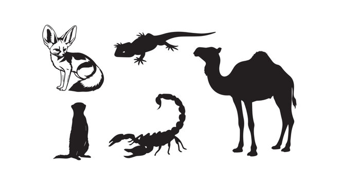 Collection of desert animals featuring scorpion fennec fox camel lizard and meerkat silhouettes for wildlife imagery.