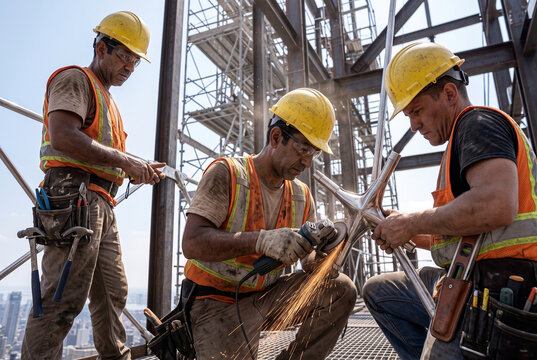 Construction workers cut steel pipe at industrial site