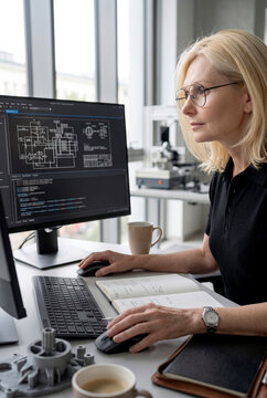 Female engineer review technical design on computer