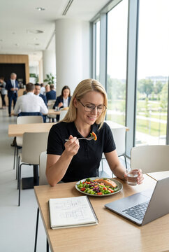 Female engineer enjoy healthy lunch beside laptop at office