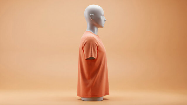 Side view of a peach colored t-shirt on a faceless mannequin head and torso against a solid light orange studio background, for display