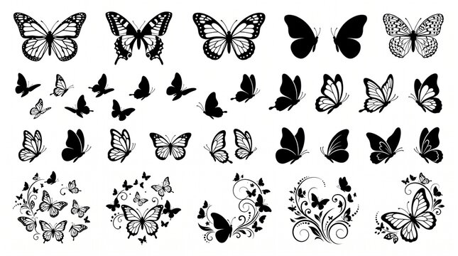 Black butterfly silhouettes collection, decorative insects set isolated on white background, vintage nature tattoo graphic elements