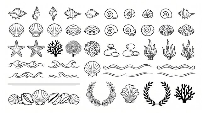 Minimalist sea shell line art icon set, black and white ocean life collection, marine seashell starfish sea kelp vector graphic elements for logo branding design