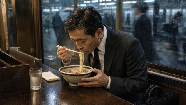 Exhausted salaryman eat ramen alone after overtime shift