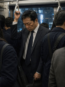 Exhausted salaryman on crowded commuter train after work