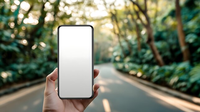 Hand holding a modern smartphone with a blank white screen mockup on a blurred sunny park path